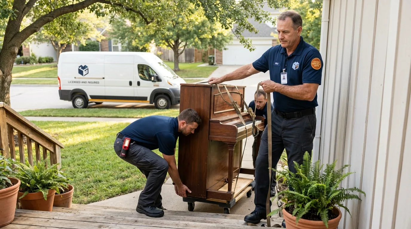 Licensed piano movers securing grand piano in Randolph, ME