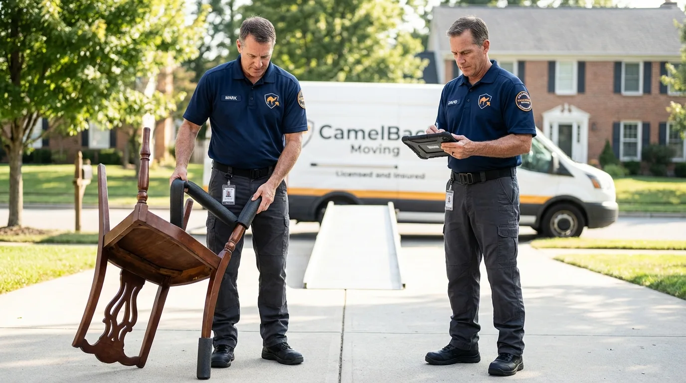 Movers inspecting furniture for damage prevention before loading in Randolph, ME
