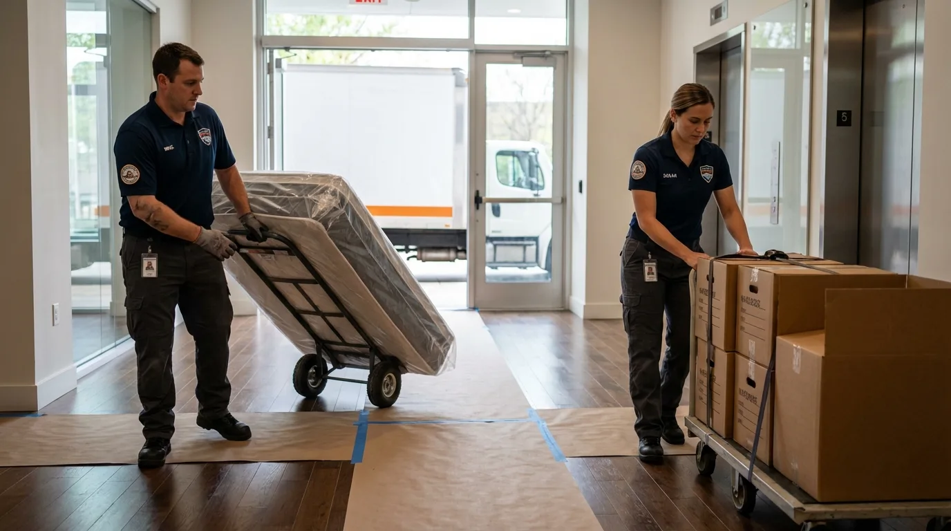 Professional apartment movers loading elevator in Randolph, ME